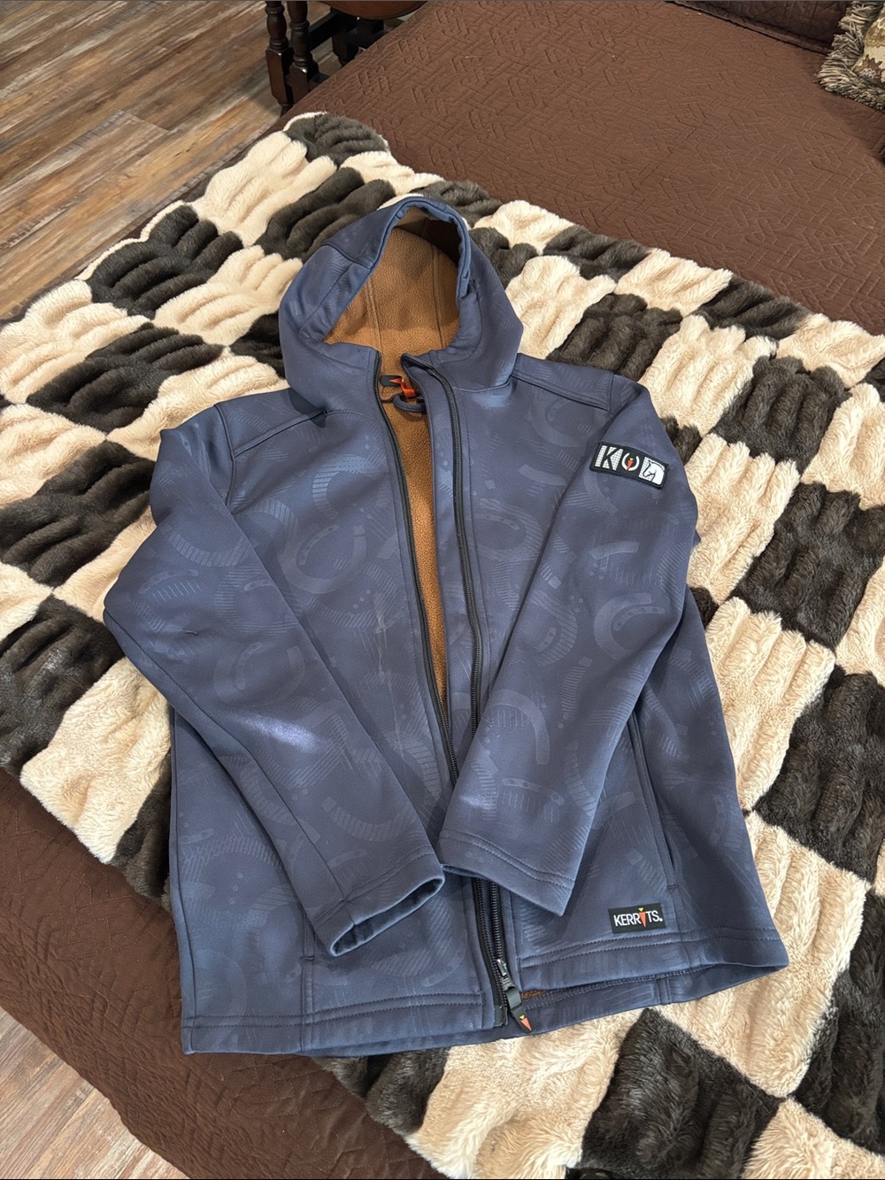 Kerrits Navy Hooded Kids Soft-Shell Jacket with Tan Lining